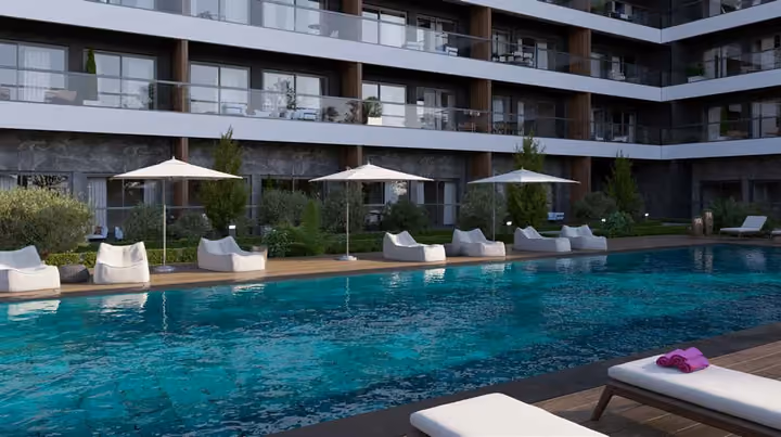 Architectural visualization of outdoor seating by the pool and adjacent apartment terraces.