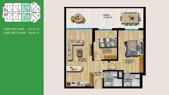 Offered two-bedroom plan showing 96 square meters gross, two bathrooms and a 21.60 square meter balcony