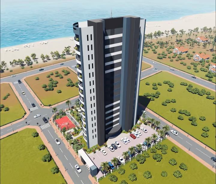 Illustrative aerial rendering of the rear facade and parking area
