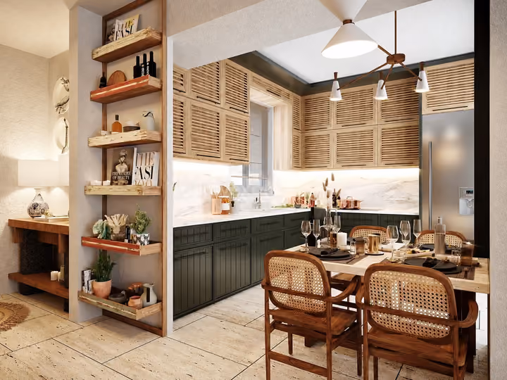 Architectural rendering of kitchen dining space with open shelving and refrigerator in Alacati, Cesme.