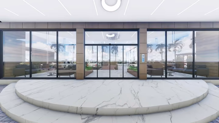 Rendering of the main entrance and broad steps