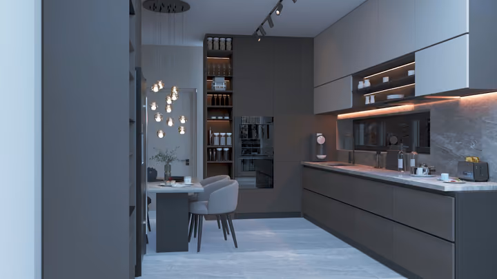 A fitted kitchen with dark cabinets and a dining corner. Architectural render supplied in the project source folder; it illustrates the proposed design.