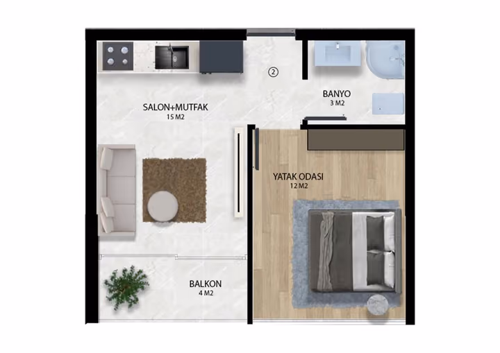 One-bedroom apartment plan with one bathroom and a balcony.