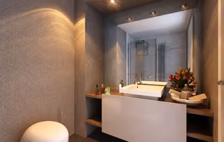 Architectural rendering of bathroom vanity and washbasin.