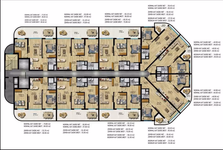 General floor plan comparing areas by floor level; advertised options remain the matched 65 and 96 square meter types