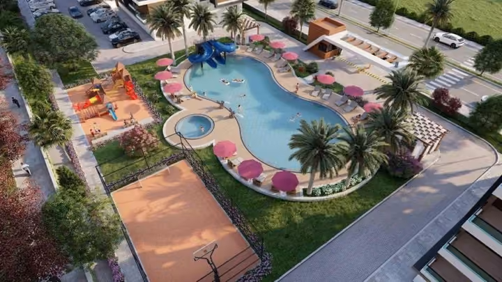 Aerial visualization of the shared pool, playground and sports court.