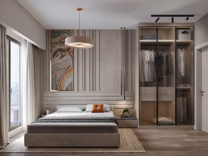 Interior rendering of the main bedroom in a two-bedroom apartment in Topkapi