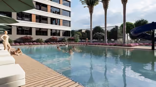 Architectural visualisation of the shared pool and recreation area.
