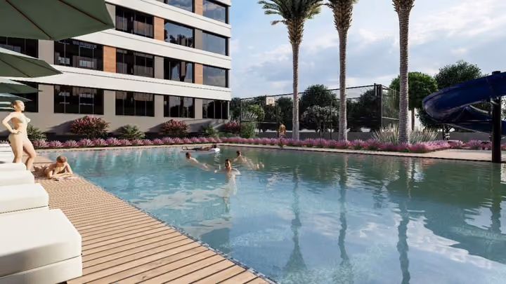 Architectural visualisation of the shared pool and recreation area.