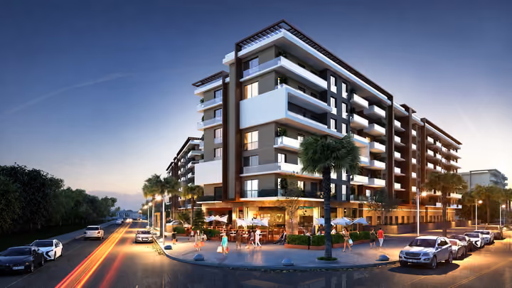 Architectural rendering of a corner apartment building with street level shops at dusk.