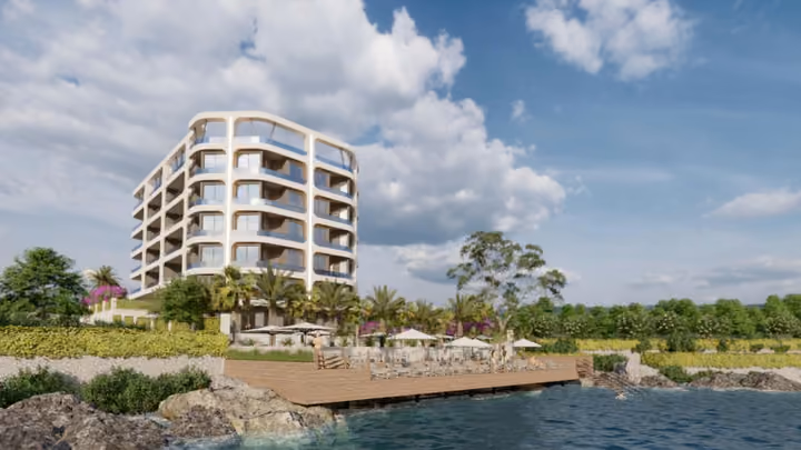 Architectural rendering of the waterfront facade and deck