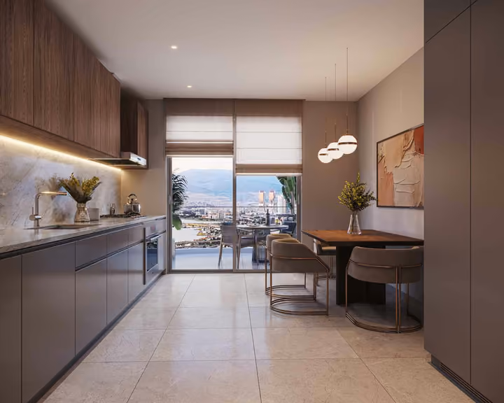 Developer interior visualization of a kitchen and dining corner beside full-height glazing.