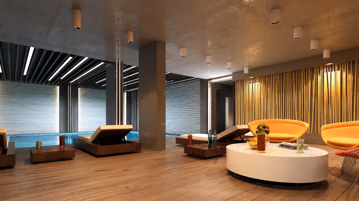 Interior rendering of a lounge and relaxation area beside the indoor swimming pool.