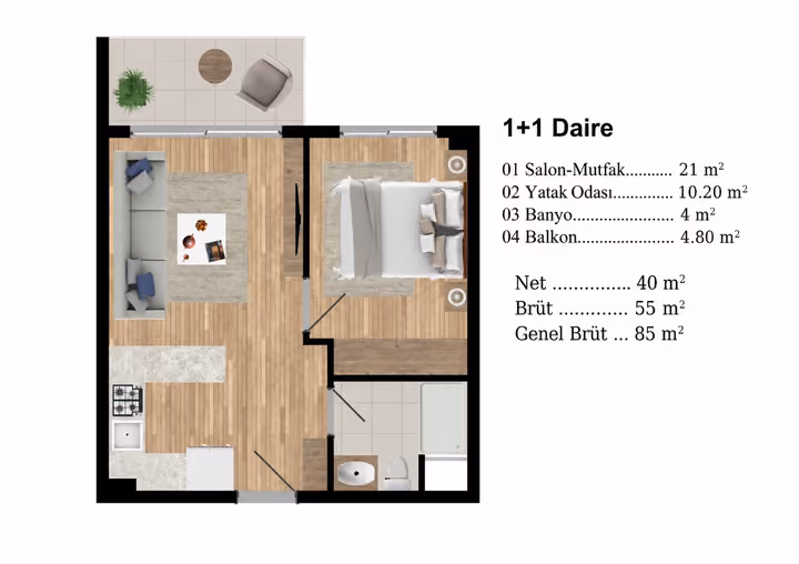 Floor plan labelled one-bedroom, showing a bedroom, living room, one bathroom and a balcony.