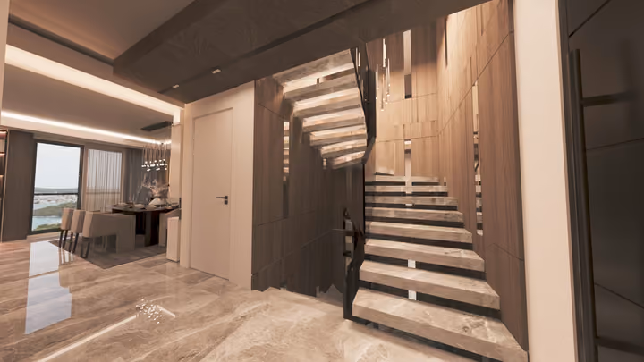 An entrance hall with a stone staircase and a view toward the dining area. Architectural render supplied in the project source folder; it illustrates the proposed design.