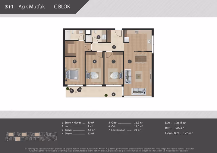 Published example floor plan showing three bedroom open kitchen apartment plan.