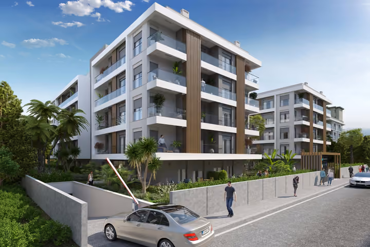 Architectural visualization of the apartment facade, corner landscaping and street frontage.