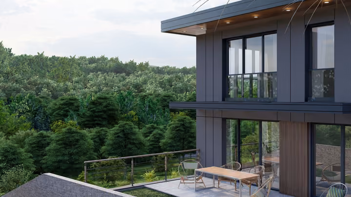 A villa terrace with outdoor furniture overlooking dense trees. Architectural render supplied in the project source folder; it illustrates the proposed design.