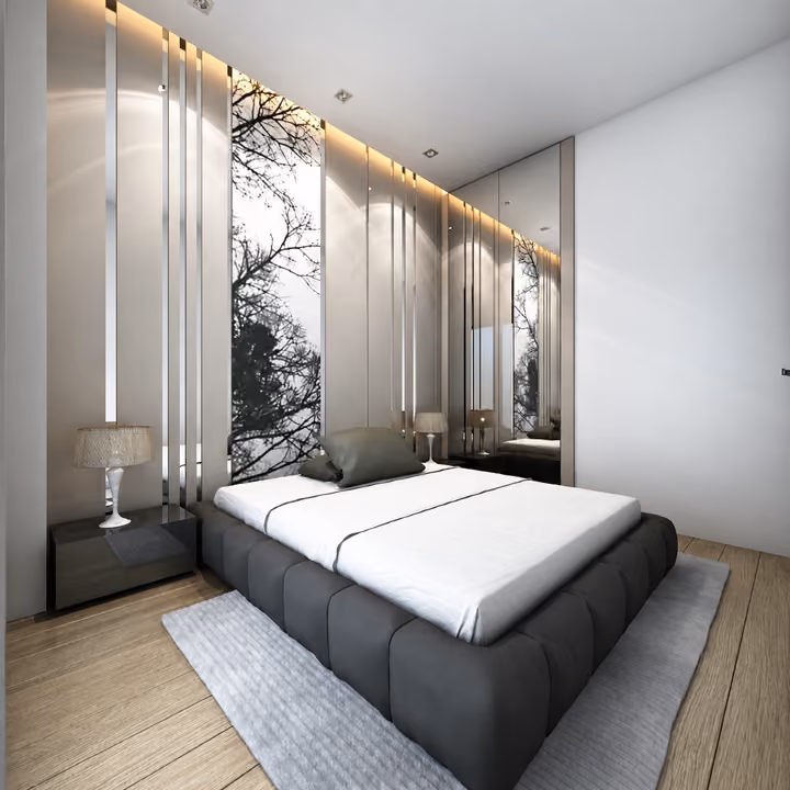 Interior rendering of a bedroom with a patterned feature wall and bedside lighting.