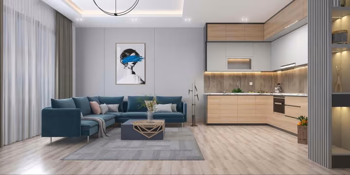 Representative interior rendering of an open living room and kitchen