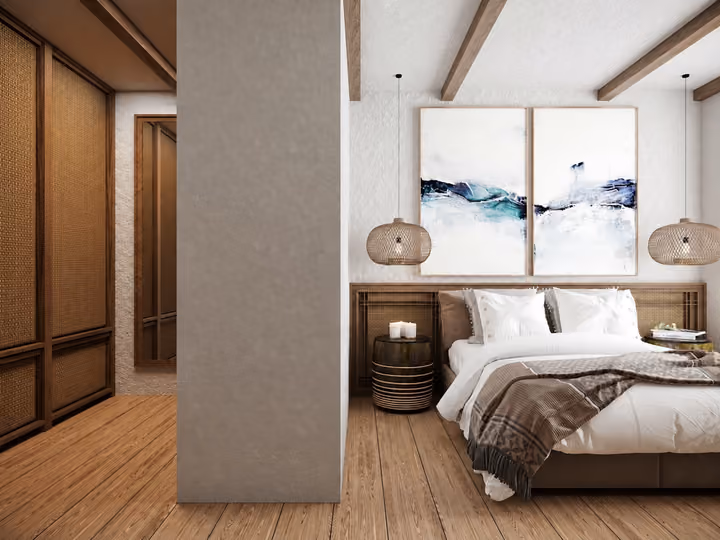 Architectural rendering of bedroom entrance with fitted wardrobe and wall art in Alacati, Cesme.
