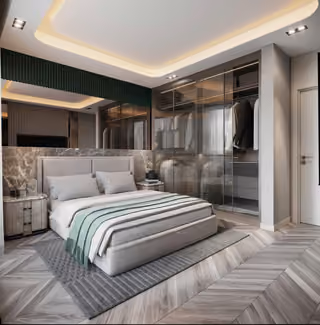 Interior visualisation of a bedroom with integrated storage.