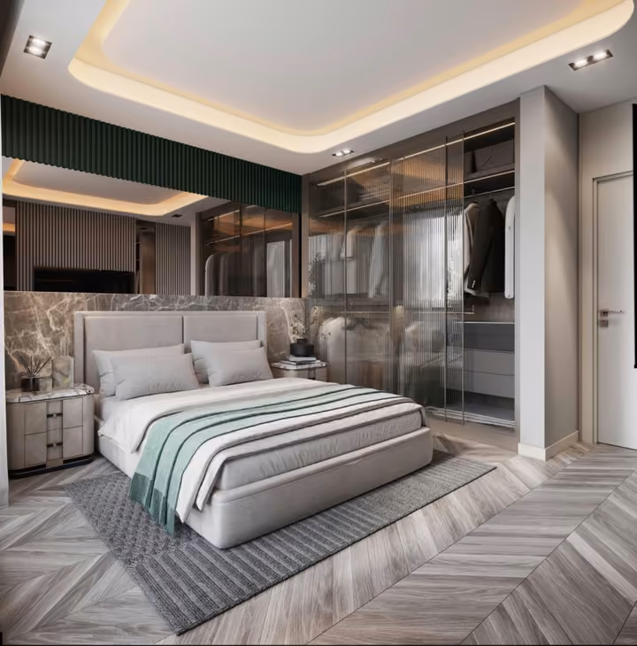 Interior visualisation of a bedroom with integrated storage.