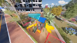Architectural visualisation of the playground beside the pool and gardens.