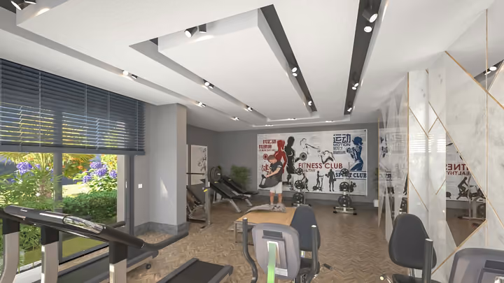 Architectural rendering of a fitness room with exercise equipment