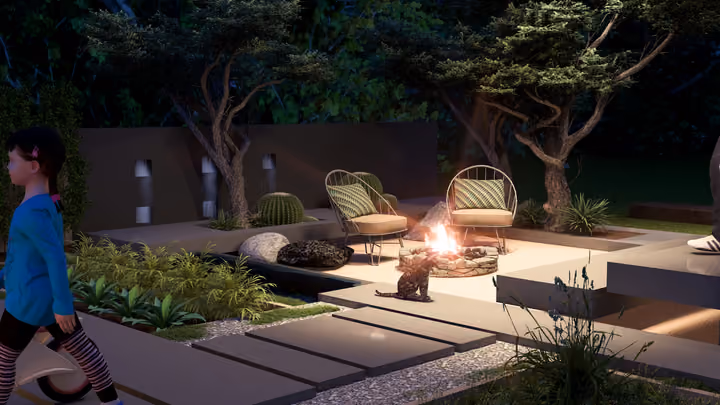 A garden fire area with chairs and planting in an evening scene. Architectural render supplied in the project source folder; it illustrates the proposed design.