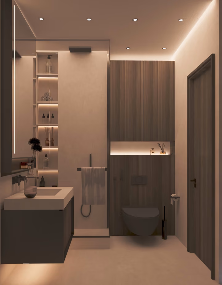 A bathroom with a washbasin, toilet and shower area. Architectural render supplied in the project source folder; it illustrates the proposed design.