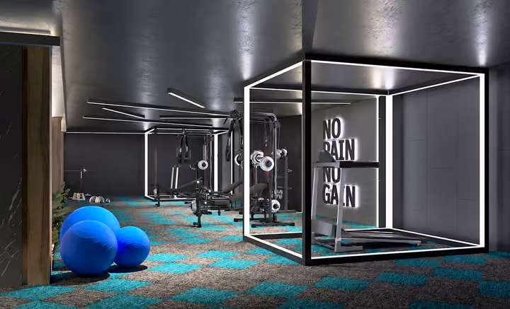 Architectural rendering of fitness room with exercise equipment.