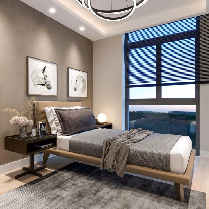 Representative bedroom rendering with a window