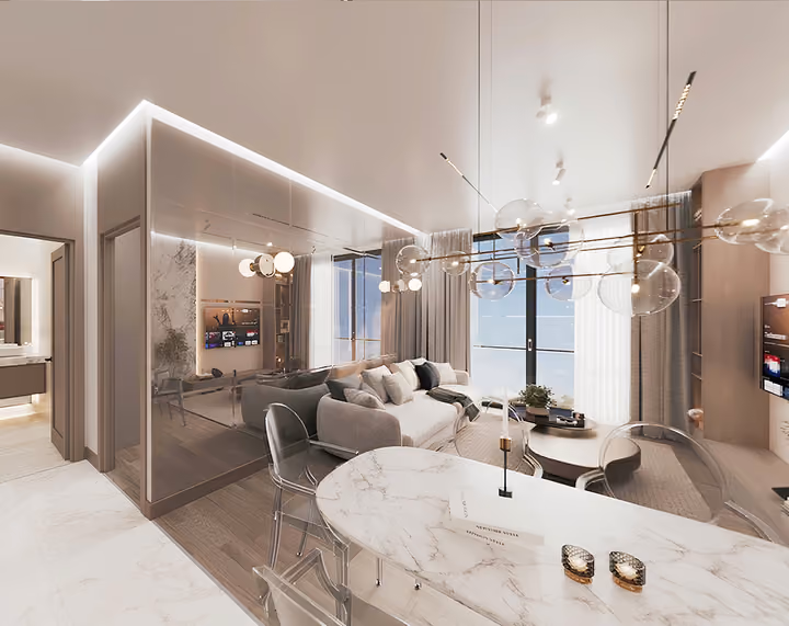 Interior rendering showing the dining area and adjoining living space.