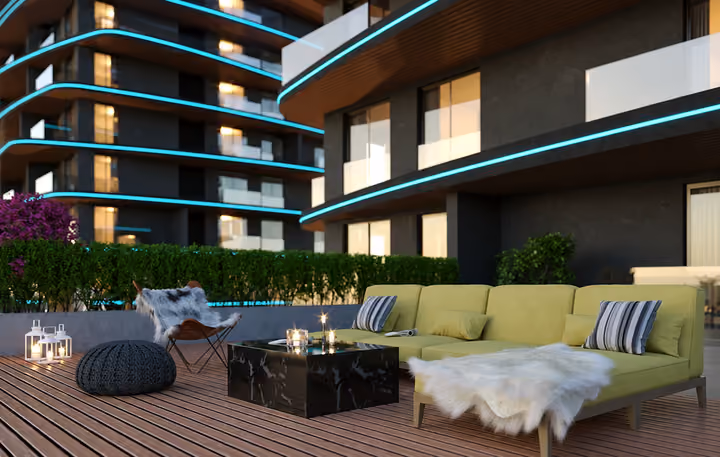 Architectural rendering of outdoor seating on a residential terrace.