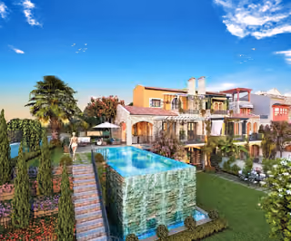 Architectural rendering of stone-clad homes above a cascading pool in Alacati, Cesme.