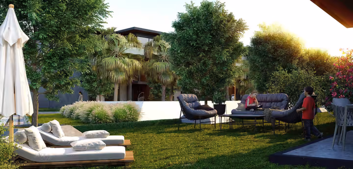 Architectural rendering of garden lounge seating in a landscaped courtyard in Gaziemir, Izmir.