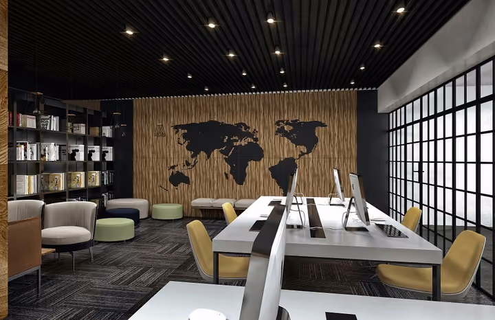 Architectural rendering of shared work and lounge area.