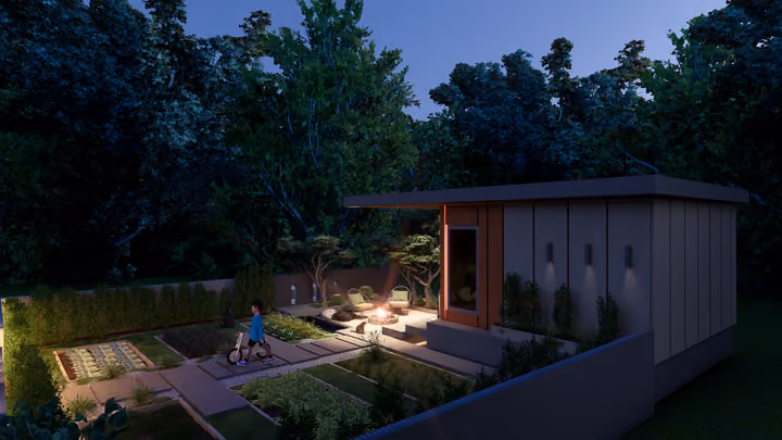 An elevated evening view of garden beds, a small building and outdoor seating. Architectural render supplied in the project source folder; it illustrates the proposed design.
