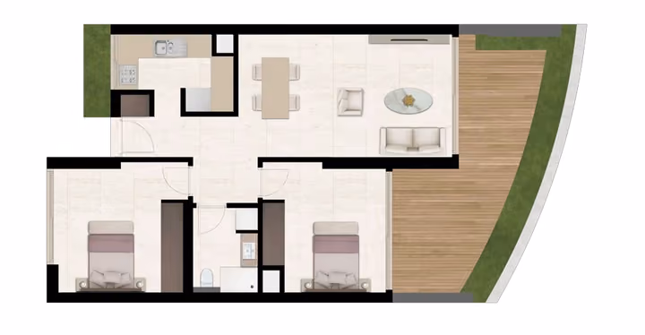 Developer catalogue plan illustrating a two-bedroom apartment and terrace. This is a project layout example, not a current availability statement.