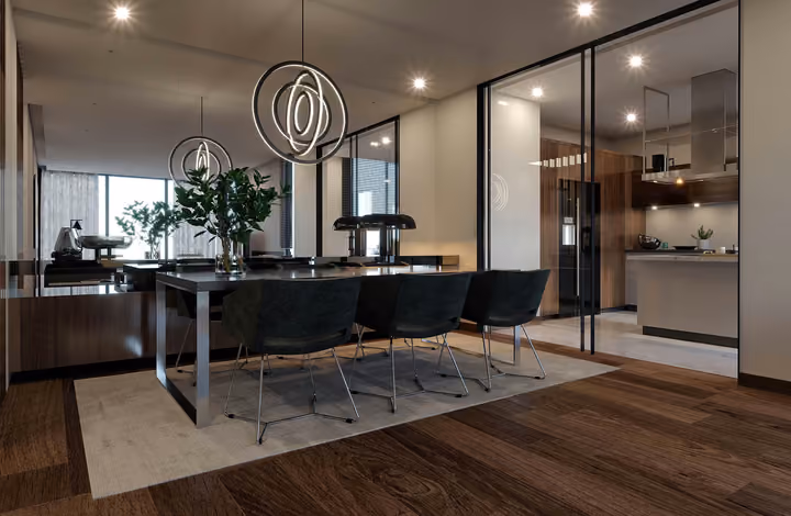 Architectural rendering of dining table and open kitchen interior in Gaziemir, Izmir.