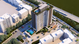 Aerial rendering of the tower, landscaped outdoor areas and shared swimming pool.