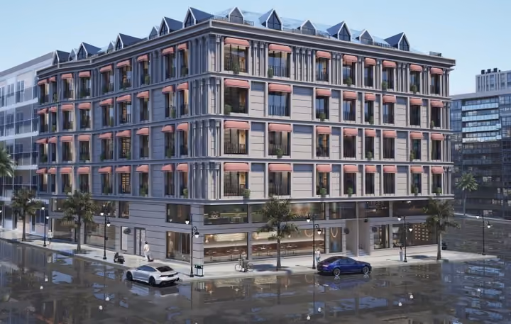 Architectural rendering of the apartment building exterior in Yeni Levent, showing the neoclassical facade.
