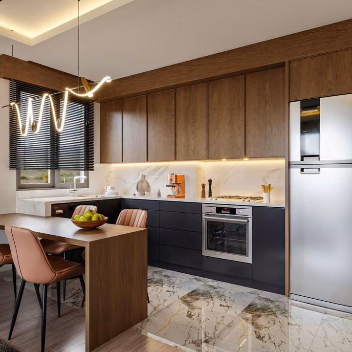 Architectural visualisation: fitted kitchen cabinets in an open-plan apartment.