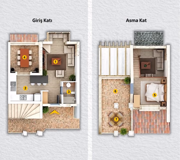 Illustrative floor plan showing duplex layout with entrance and mezzanine floors. Catalogue configuration only; not confirmation of a currently available unit.