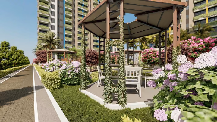 Architectural visualisation of shaded seating along a landscaped path.