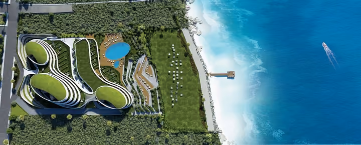Developer site-plan visualization showing the buildings, shared pool, landscaping and pier.