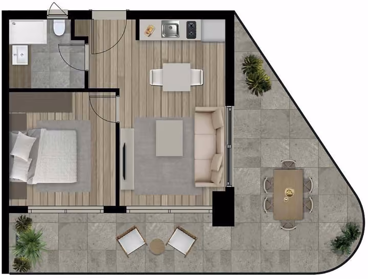 Developer floor-plan illustration of a one-bedroom type B apartment with one bathroom and a terrace.