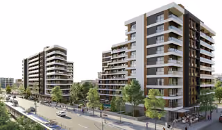 Architectural visualization of the building facades, balconies and landscaped street frontage.