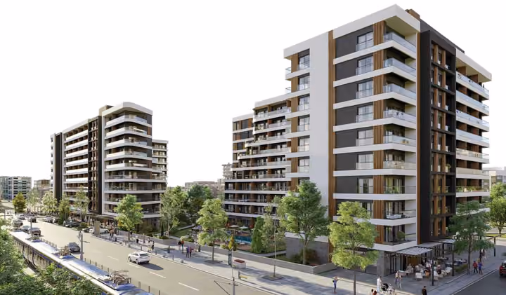 Architectural visualization of the building facades, balconies and landscaped street frontage.